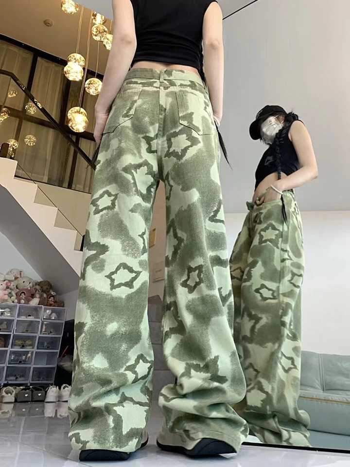 Vintage Green Star Jeans Women Camouflage Harajuku Streetwear High Street Trousers American Y2K Casual Baggy Denim Pants Z260313