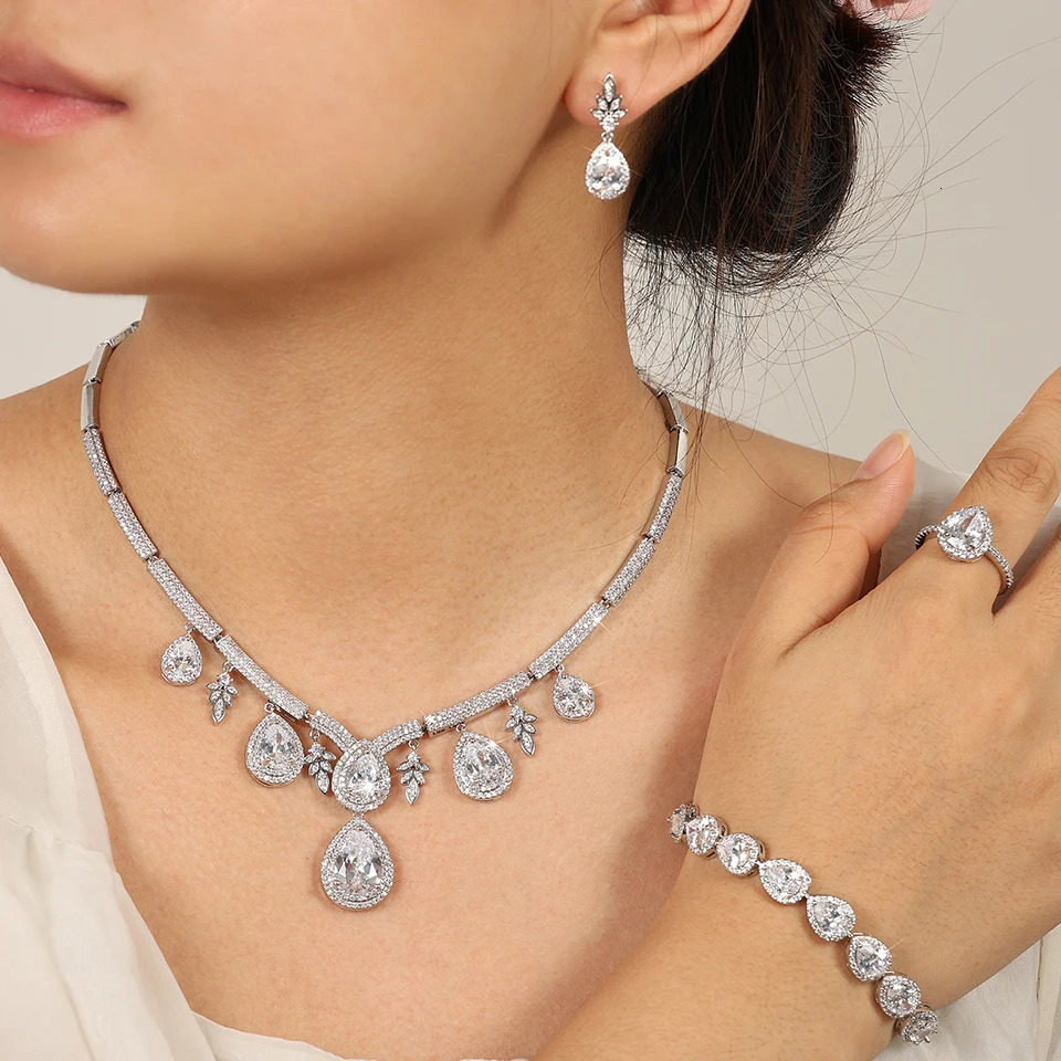 ZAKOL Cubic Zirconia Necklace Earrings Rings Set for Women Shinny Water Drop Leaf CZ Bridal Wedding Jewelry Sets 250609
