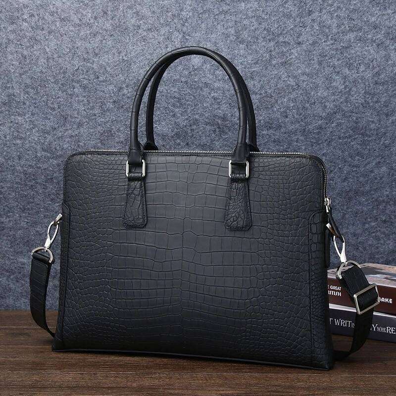 Crocodile Grain Briefcase for Men Business & Casual Use Spacious Interior Double Zipper Design Genuine Leather