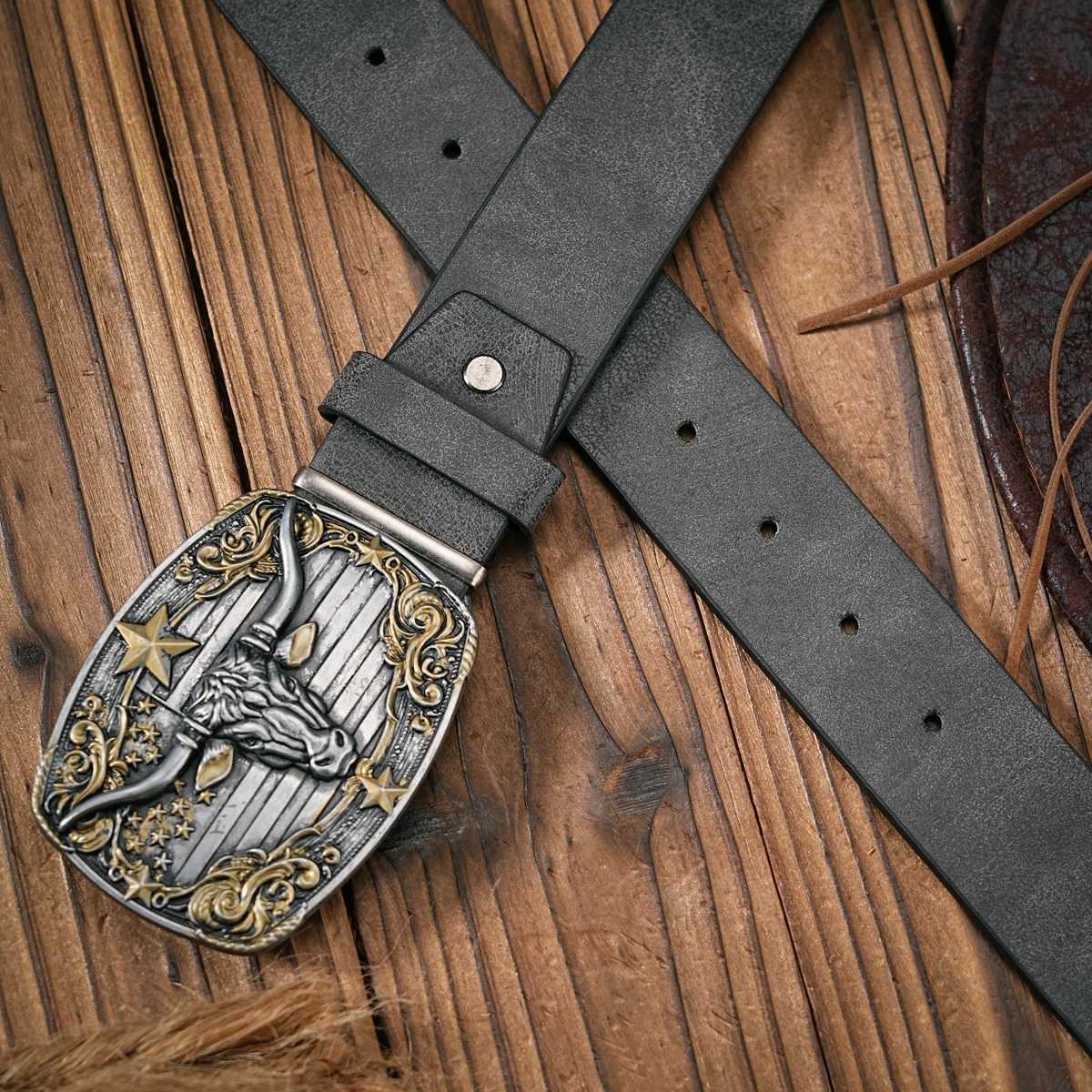 Men - Wen - Western Denim - pu leather - Belt - Vintage jeans with floral carved buckle belt X250614