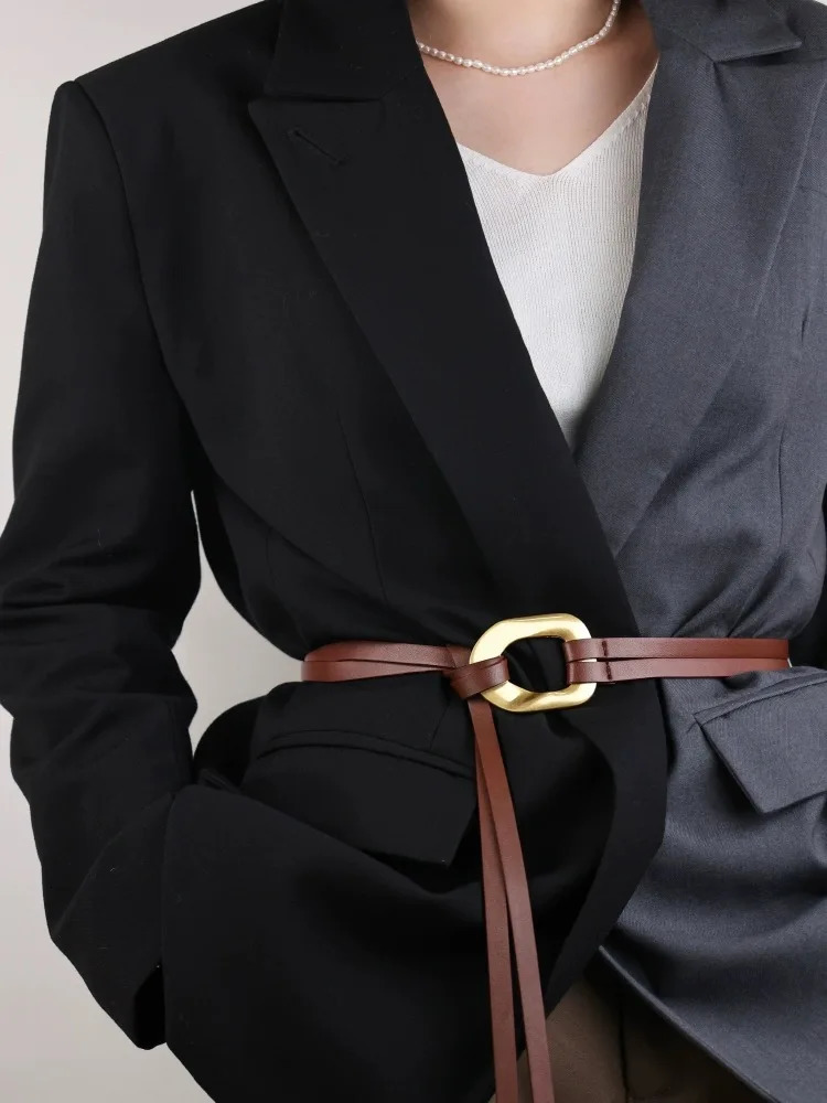 Knot Female Waist Chain Thin Belt Vintage Double Layer Real Leather Belts Golden Buckle for Women - Stylish Waistband for Dress 250610