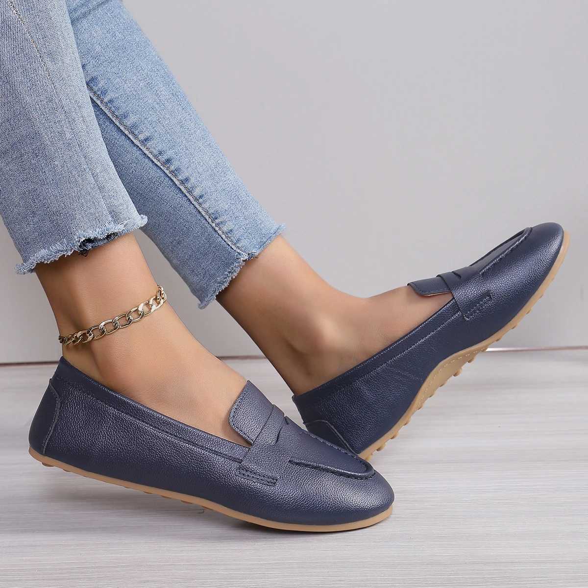 Women Shoes Soft Leather Shoes with Loafers Dark Blue Flat Shoes Womens Casual Zapatos Mujer Flats Female Footwear Size 36-43 XJ250614