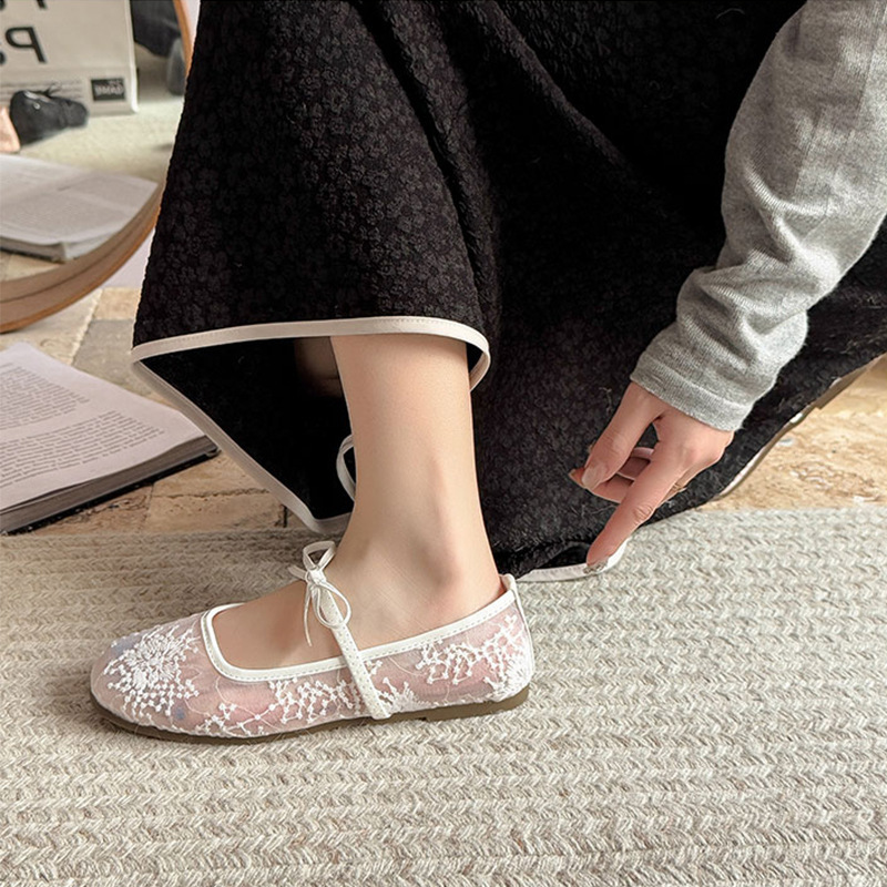 Ddmyoutdoor Gentle Evening Breeze Bowknot Ballet For Women New Fairy Hollow Mesh Lace Embroidered Single Shoes Outdoor Shoes