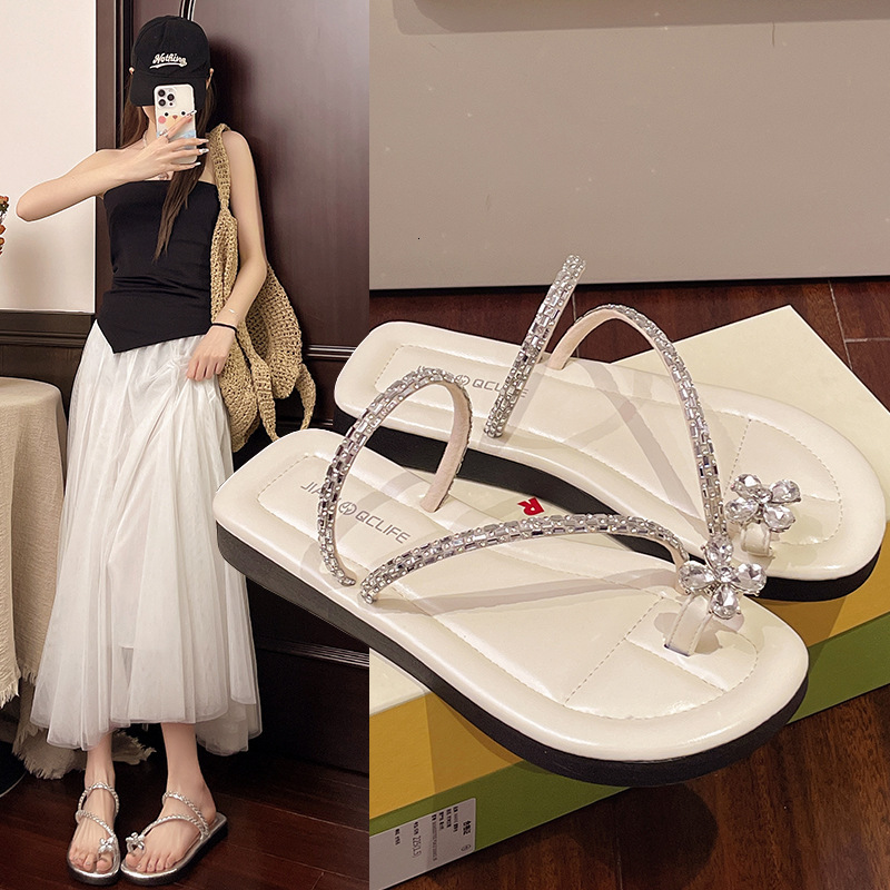 Ddmyoutdoor Flat French Style Toe Ring For Women New Summer Soft Sole Dress Shoes With Rhinestones Stunning Beach Sandals Outdoor Shoes