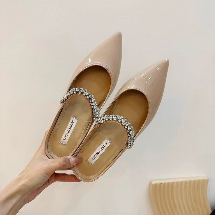 Ddmyoutdoor CM Height Increasing Flat Rhinestone Peep Mules For Women Summer Outdoor Pointed Toe Nude Fairy Style Cool Slippers Outdoor Shoes