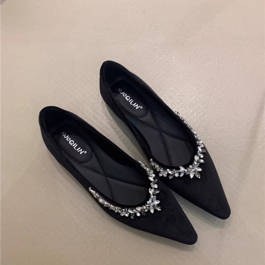 Ddmyoutdoor Elegant Rhinestone Pointed Toe Single For Women Spring French Sweet Velvet Red Shallow Mouth Soft Sole Evening Shoes Outdoor Shoes