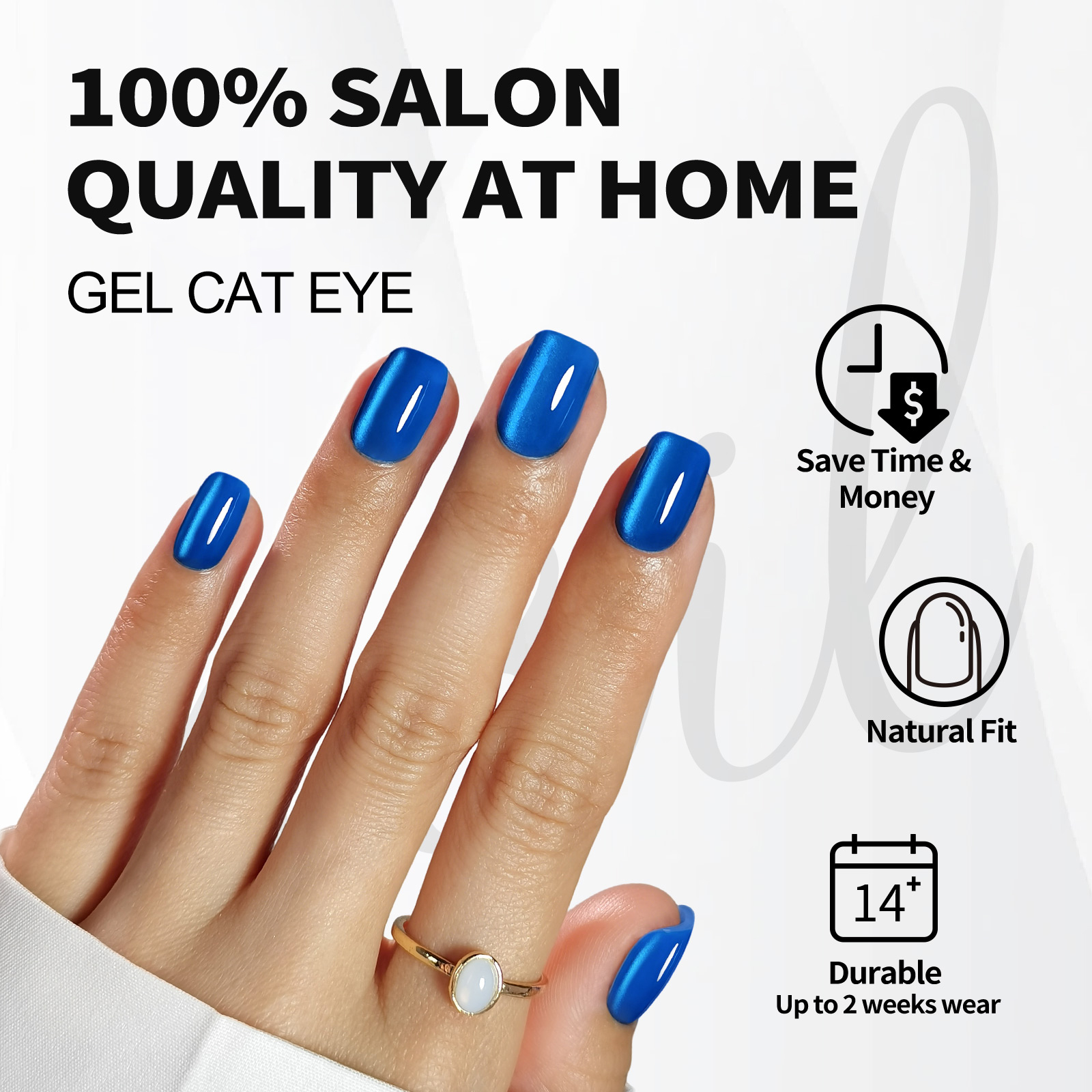 Elegant Squared Edge blue Cats-eye Artificial Finger Extensions | Long-wearing Gel-Like Stick-On Claws with Professional Strength Bond Variety Pack Si