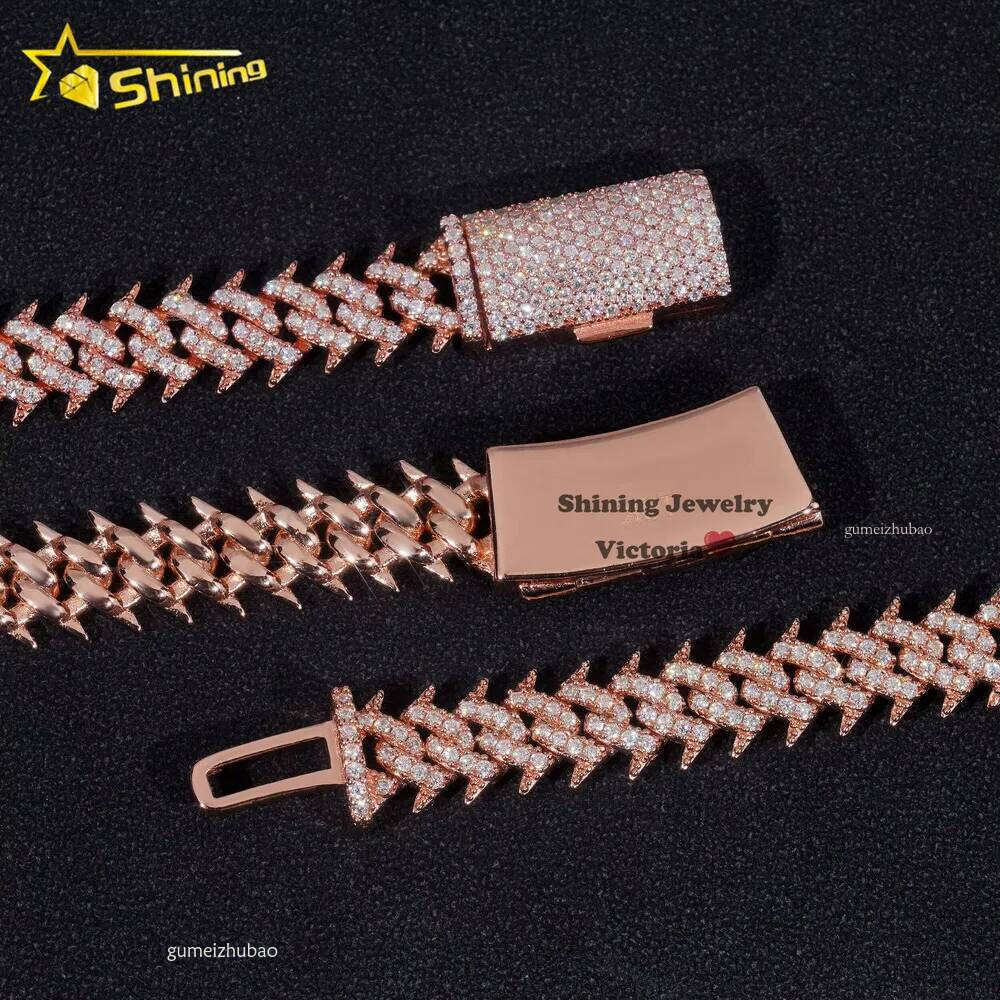 Hot Sale Soild Sier Rose Gold Plated Hip Hop Necklace 10MM VVS Moissanite Dia Spike Cuban Link Chain
