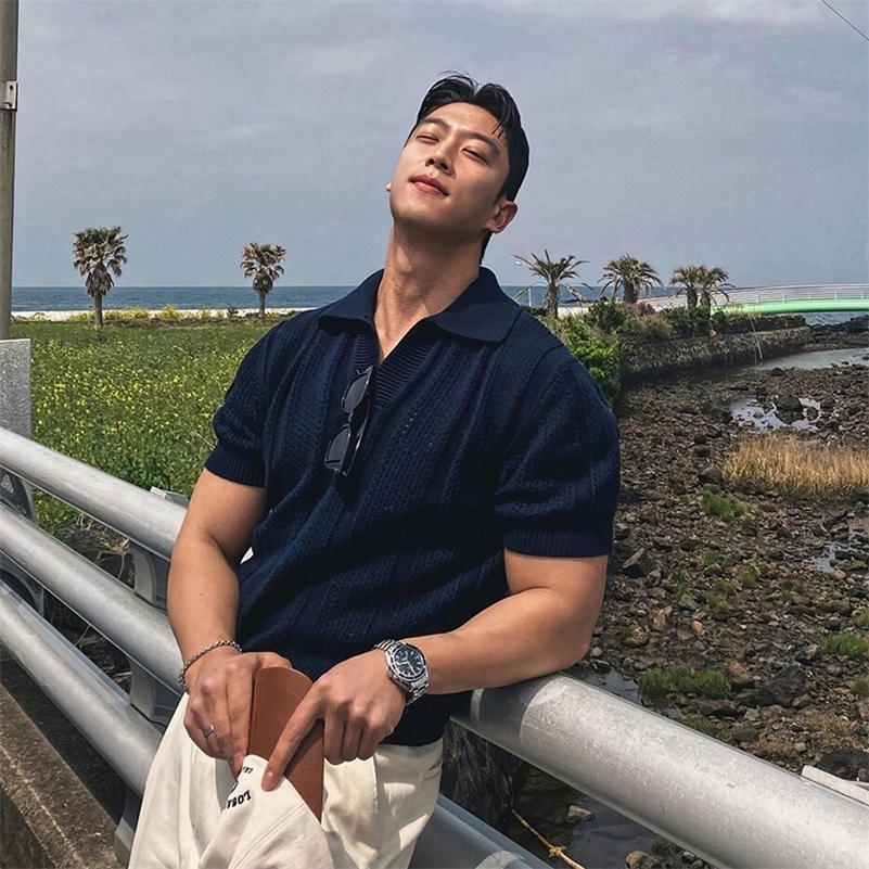 Mens Clothing Korean Hollow Out Polo Shirt Leisure V Neck Short Sleeve Solid Color Retro Streetwear Knitwear 250529