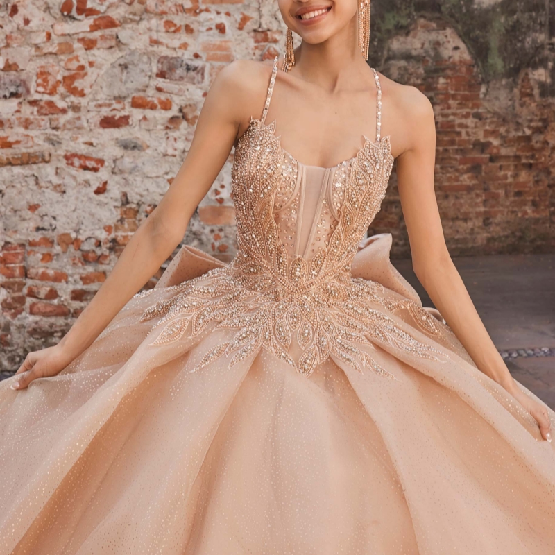 Champagne Shiny Quinceanera Dresses Ball Gown Spaghetti Strap Lace Beading Crystal Bow Tull Sweet 16 Dress Vestidos 15 De Anos