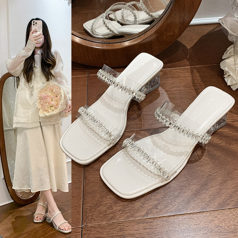 Ddmyoutdoor Transparent Crystal Chunky High Heel Sandals For Women Summer New Silver Rhinestone One Strap Versatile Slippers Outdoor Shoes