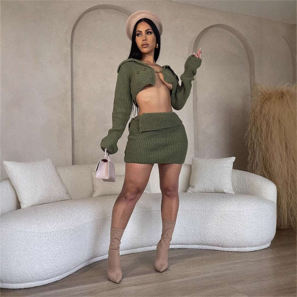 Autumn New Slim Fit Sexy Long Sleeve Jacket Top Bodycon Short Skirt Solid Color Set B5