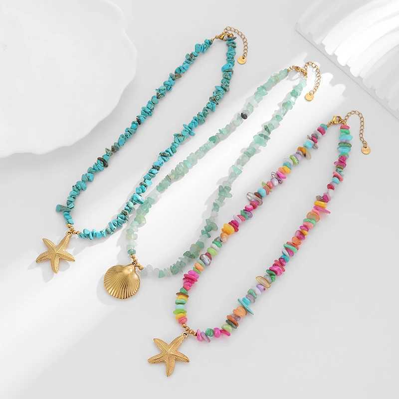 PRISCA. | Colored Stone Shell Necklace Stainless Steel Women Charm Beach Jewelry 18k Gold PVD Fashion 2025 Z250614