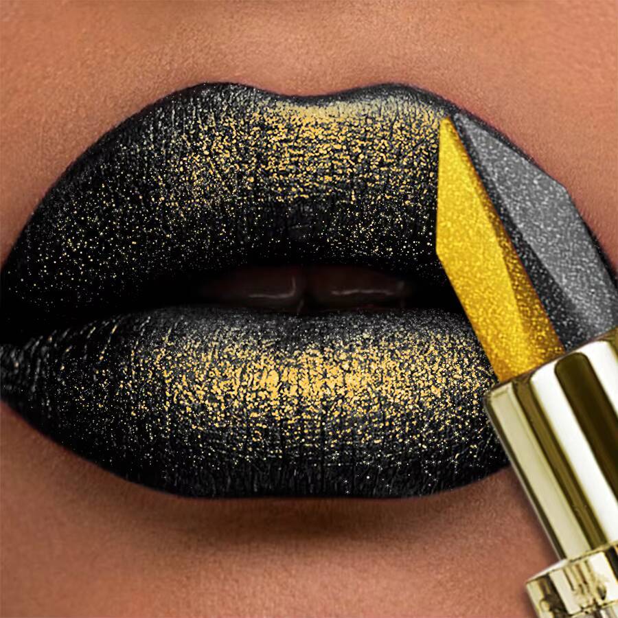 1pc Two-tone Color Glitter Non-stick Cup Matte Black&yellow Lip Makeup Diamond Lipstick or for Eye Shadow Gifts happy