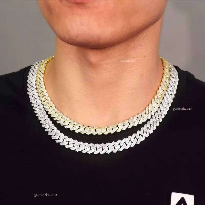 Hip Hop 2 Rows Stones 12mm Sterg Sier White Gold Plated Iced VVS Dia Moissanite Cuban k Chain Rock Jewelry