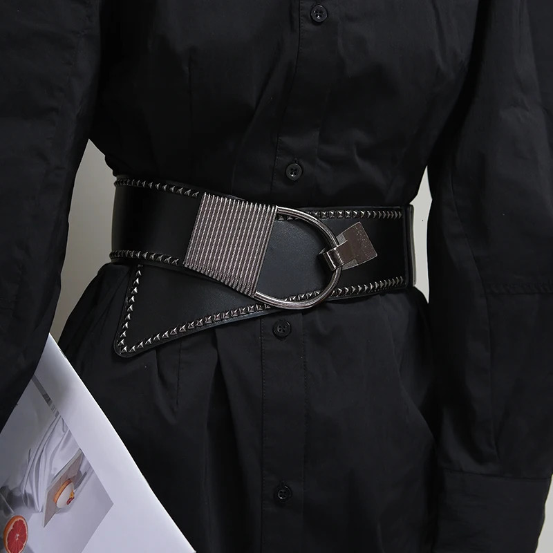 Ladies diagonal wide waistband black fashion rivet punk style versatile wide belt with dress decoration belt 250610