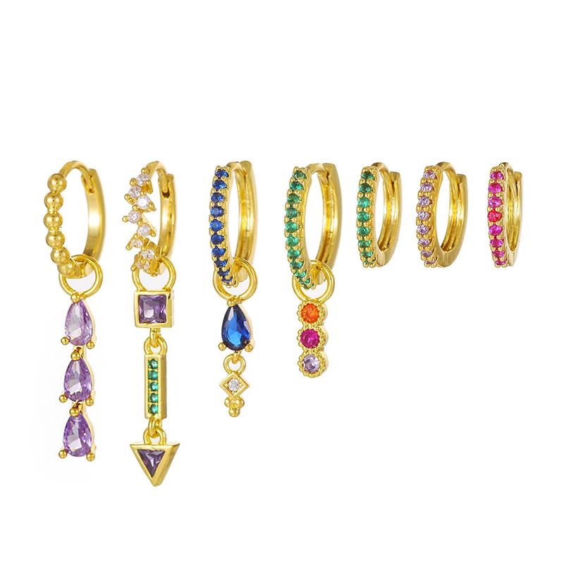 Exquisite Gold Color Rainbow Dangle Earrings for Women Colorful Zircon Piercing Hoop Earrings Set Fashion Jewelry Wholesale 250610
