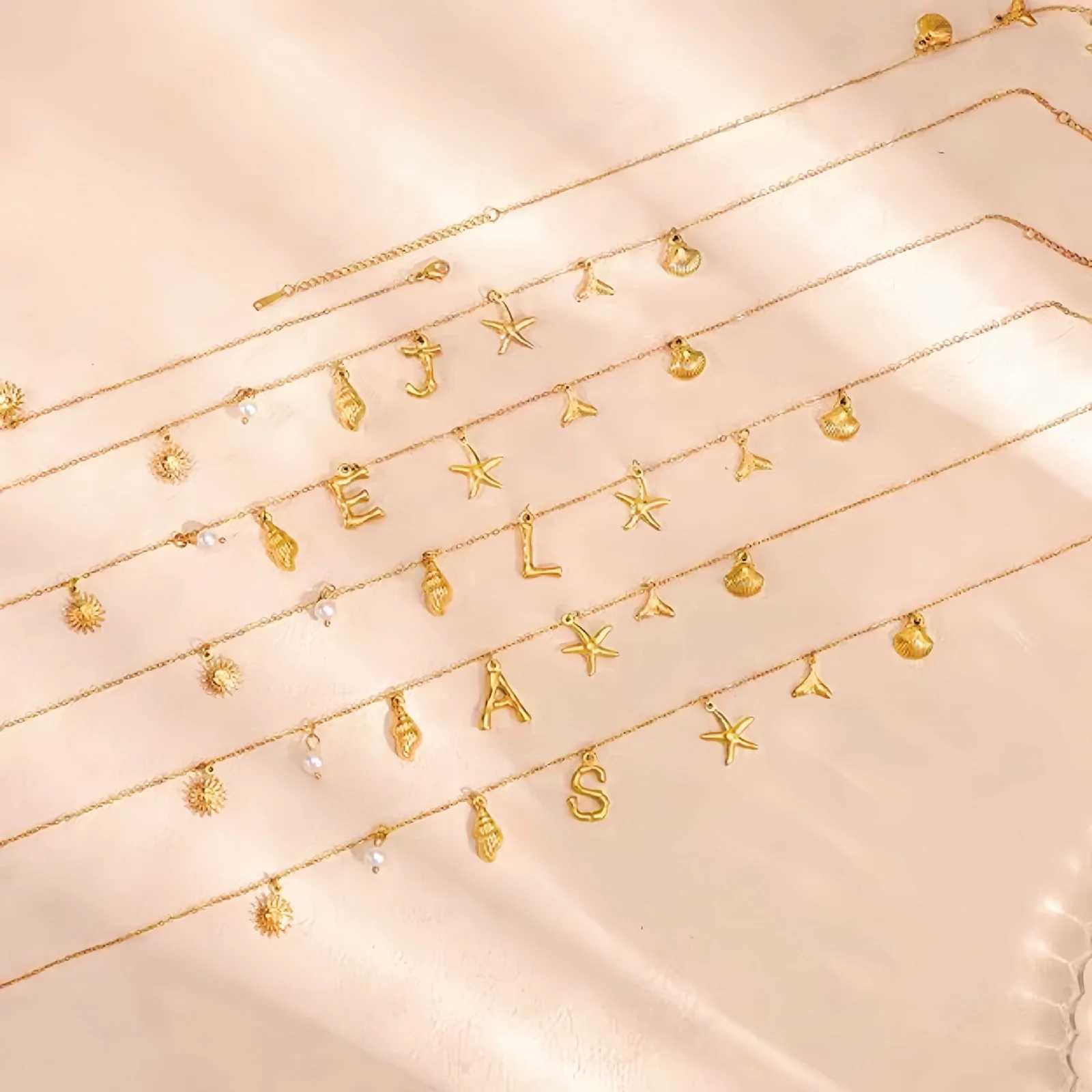 MHS.SUN Starfish Shell Initial Necklace Waterproof 18K Gold Plated Stainless Steel Charm Necklaces Surfer Girl Summer Beach Gift Z250614