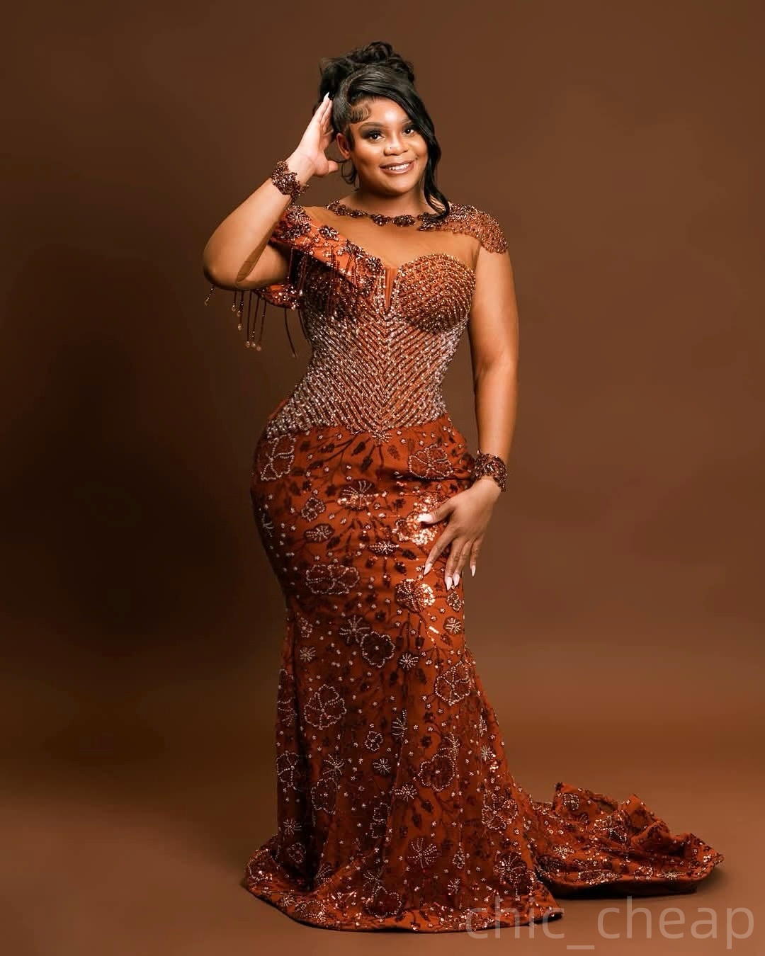 Brown Mermaid Prom Dresses 2025 Beaded Crystals Floral Lace Sparkly Evening Formal Party Second Birthday Engagement Gowns Plus Size Dress For Special 