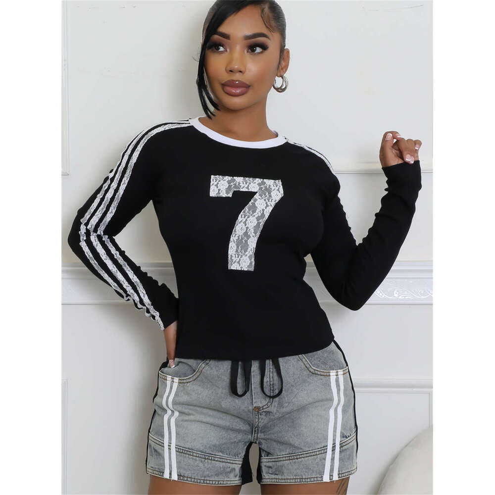 Autumn New Fashion Slim Fit Sexy Hot Girl Printed Striped Short Long Sleeve Top For Women B5