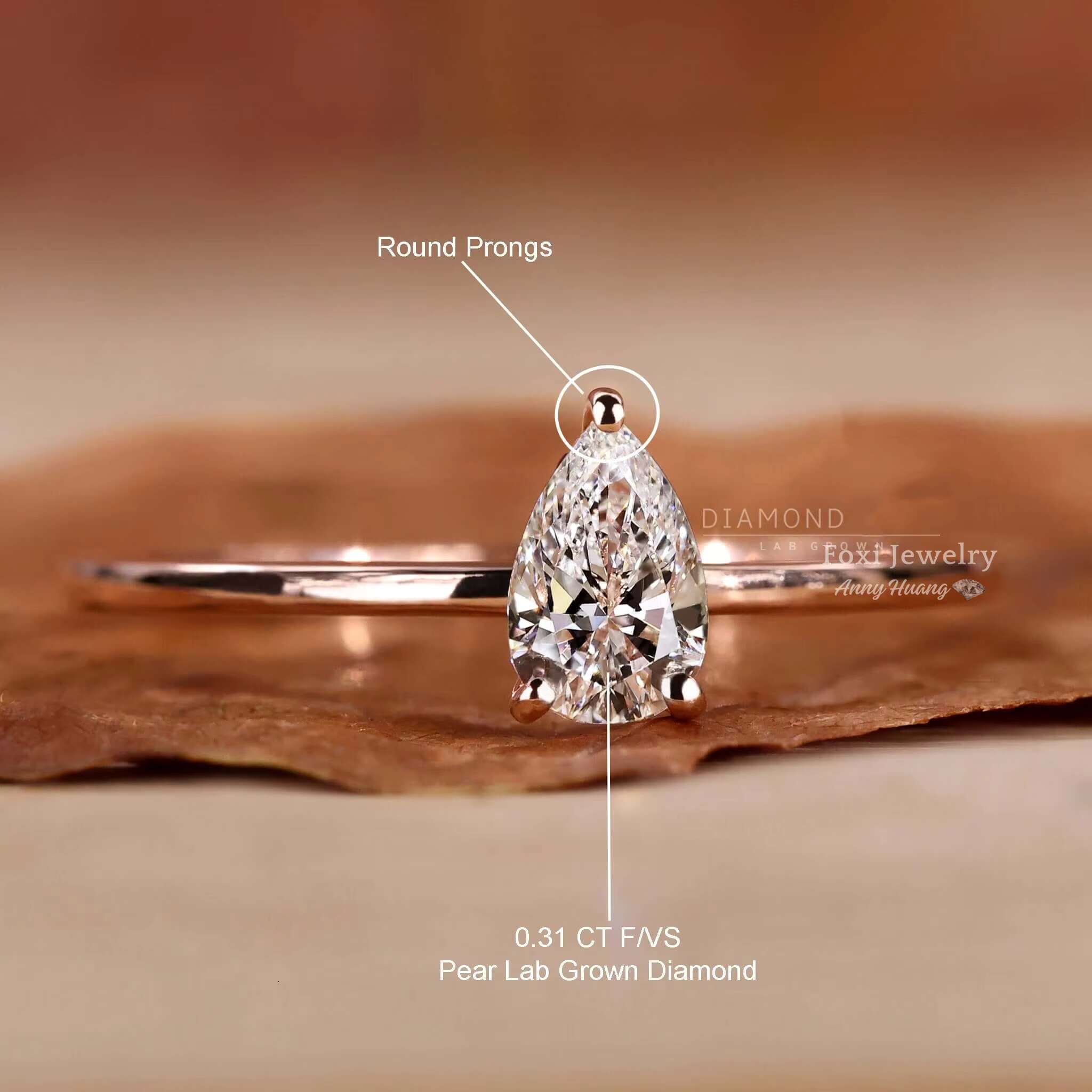 925 Silver Fine Jewelry 14K Yellow Gold Pear Shaped Lab Grown Diamond Engagement Ring for Women