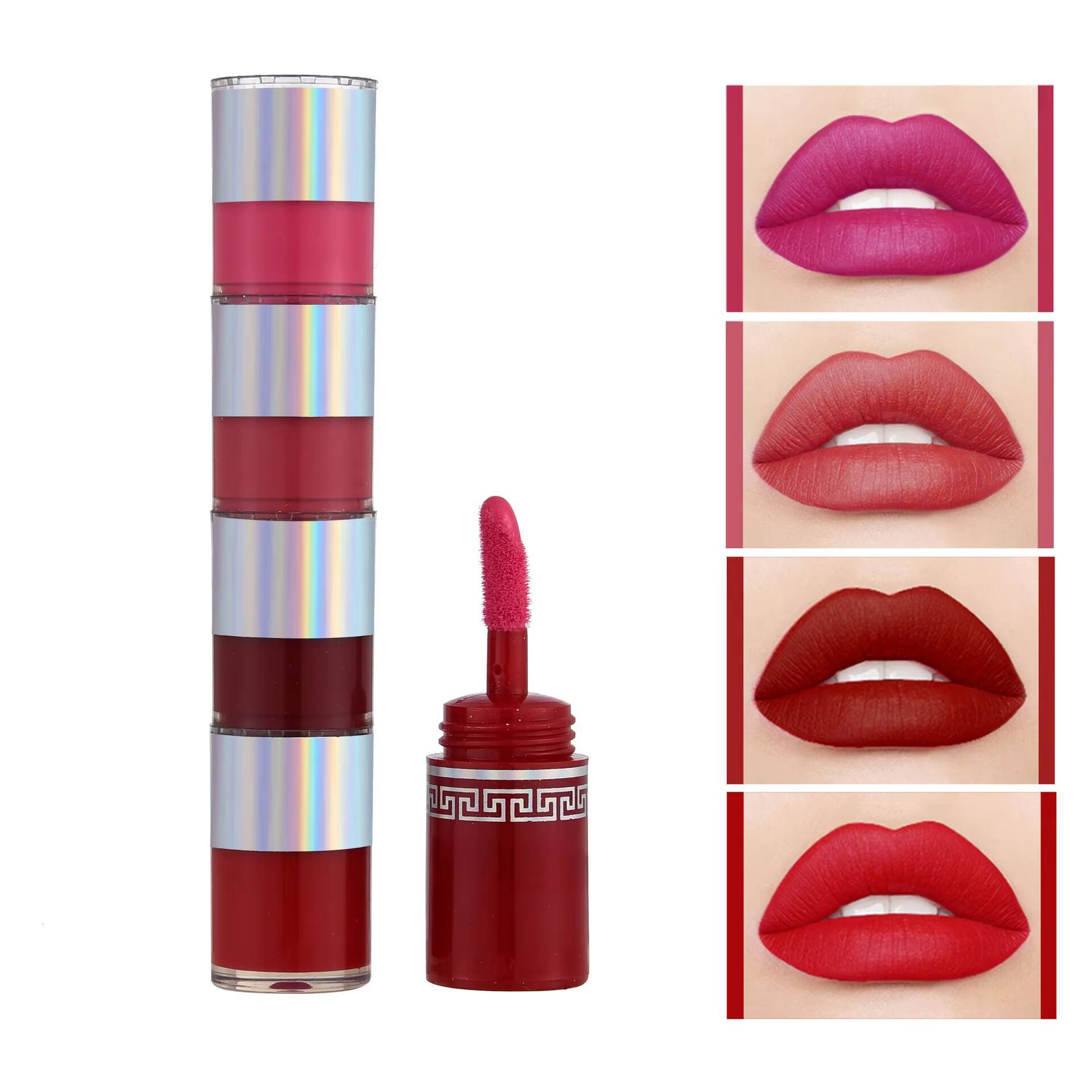 4 In1 Matte Lipstick Kit Combo Strip Velvet Sexy Red Tint Non-stick Cup Gloss Lip Oil Makeup Lips Cosmetic Set Wholesale happy