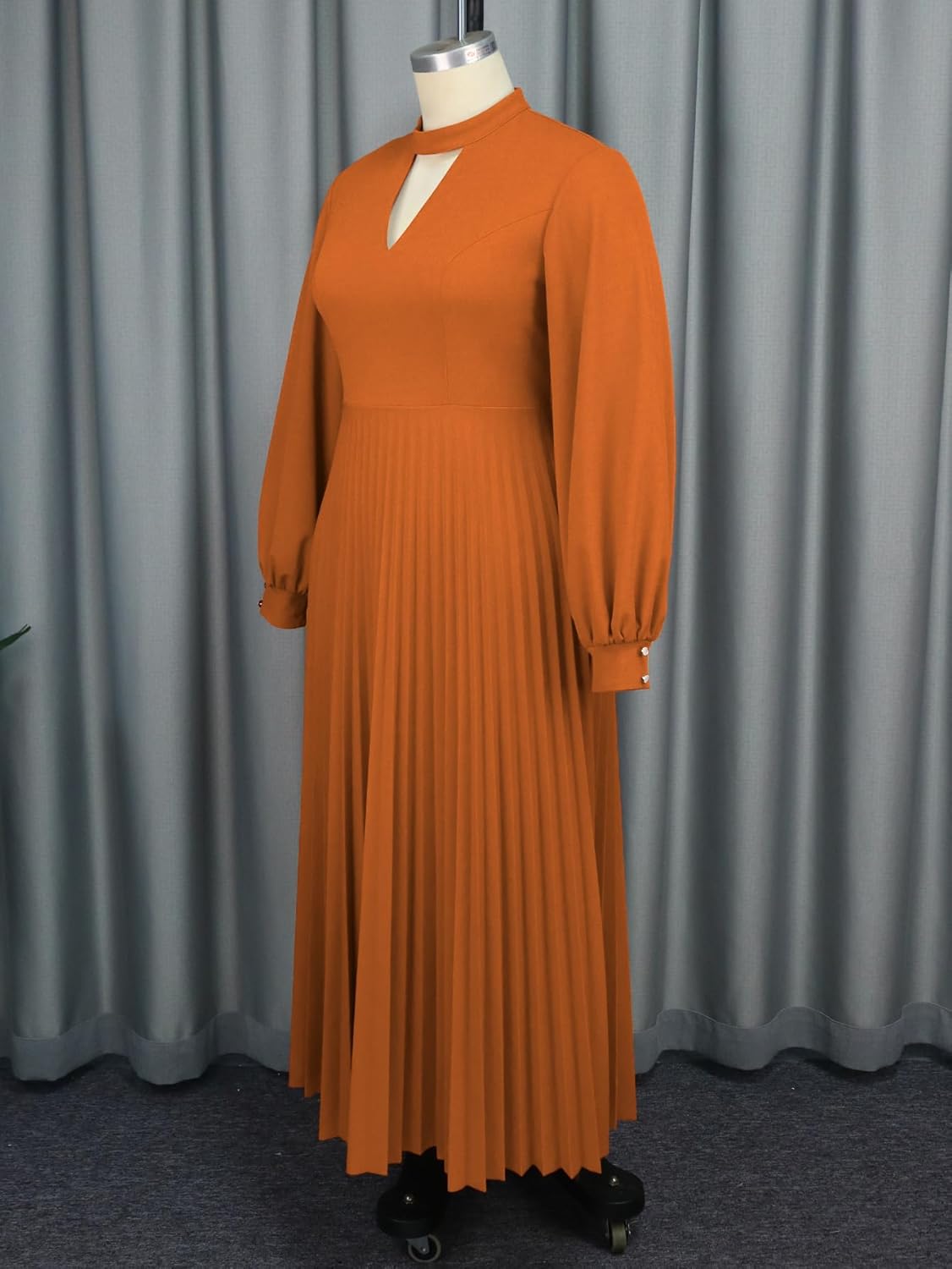 Women's Brown A-line Pleated Dress Elegant Classic Autumn Long Sleeve Cut Out Neck Plus Size Party Festival Wear