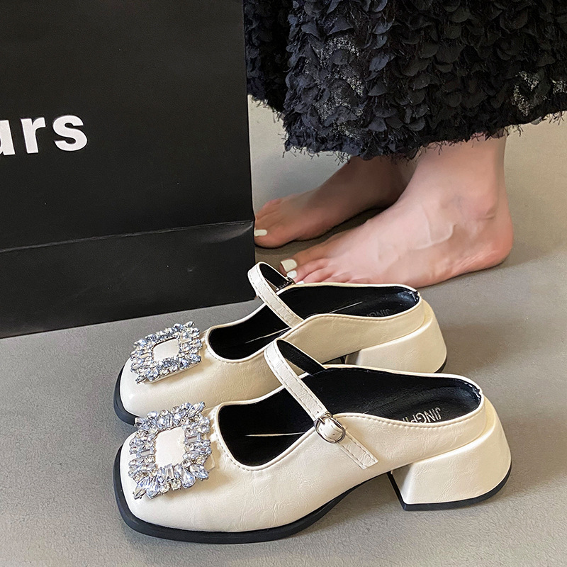 Ddmyoutdoor Rhinestone Square Buckle Peep Toe Mules For Women Summer New Fashion Chunky Heel Silver Super Popular Mary Jane Shoes Outdoor Shoes