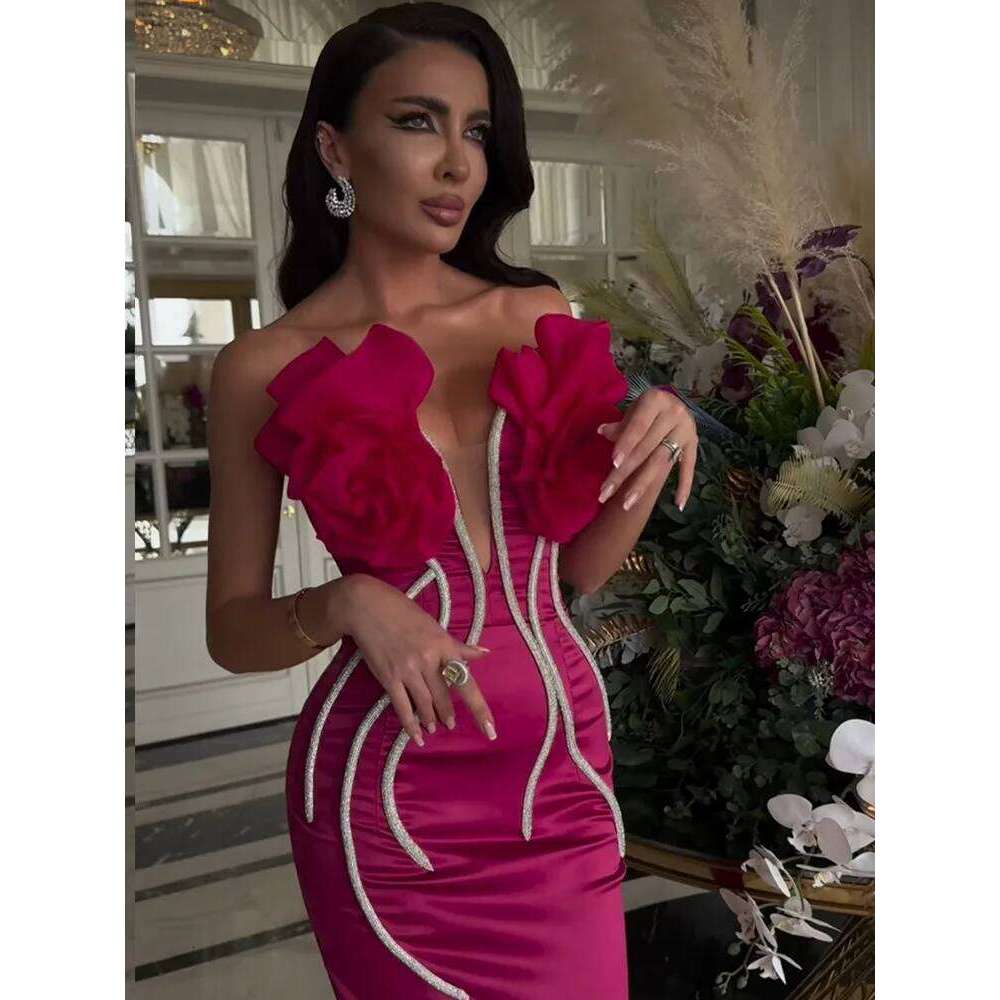 Women Celebrity Sexy Strapless Backless Beading Dias Pink Maxi Long Bandage Elegant Evening Club Party Dress