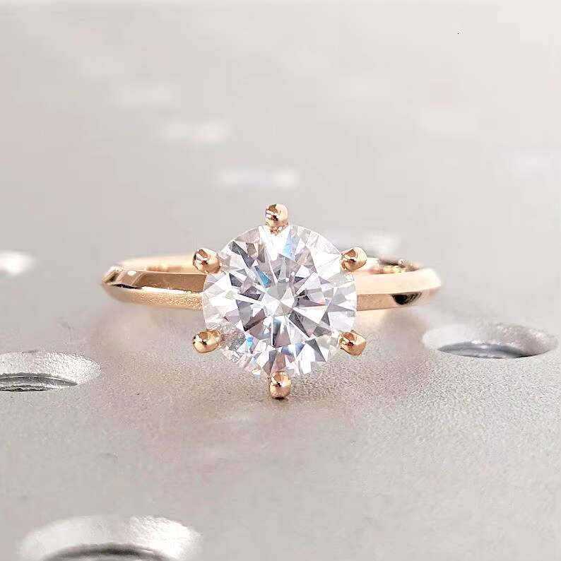 FOXI 6 Prong Round 14k Solid Rose Gold Engagement Ring 1.5 CT Moissanite Engagement Ring Solitaire Moissanite Diamond Ring
