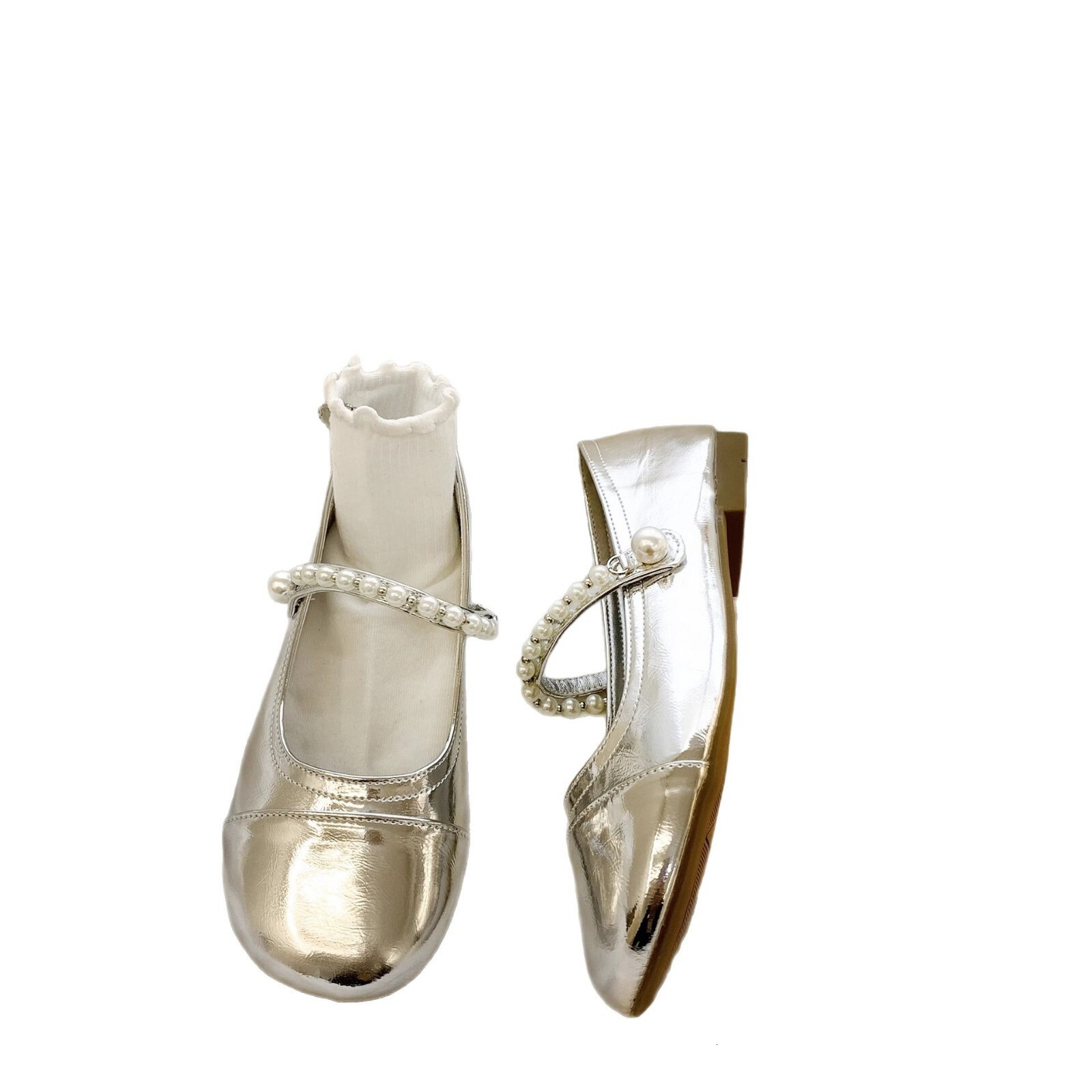 Ddmyoutdoor Silver French Pearl Mary Jane For Women Spring Autumn New Versatile Shallow Flat Shoes To Match Skirts Outdoor Shoes