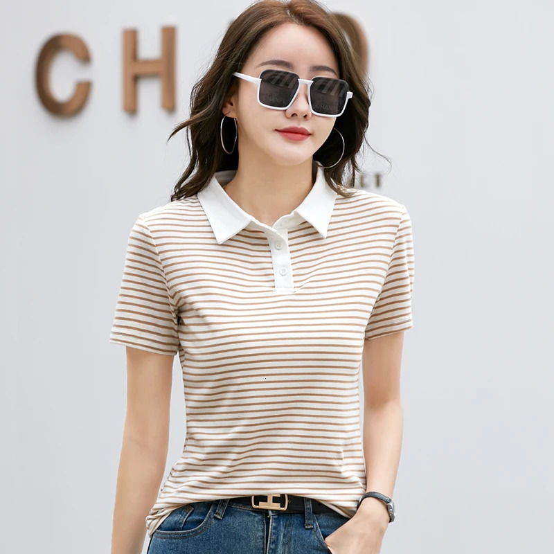 Korean Style Short Sleeve Polo Shirt Women Cotton Stretch Fashion Summer Tops Elegant Knitted Striped T-shirt For Women 250609