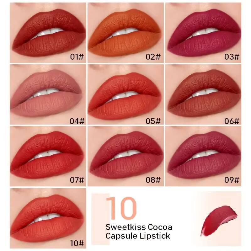 10Pcs Chocolate Mini Lipstick Set,Long-Lasting Matte Velvet Lipstick,Creamy Texture,Non-sticky Cup Design for all Skin Types happy