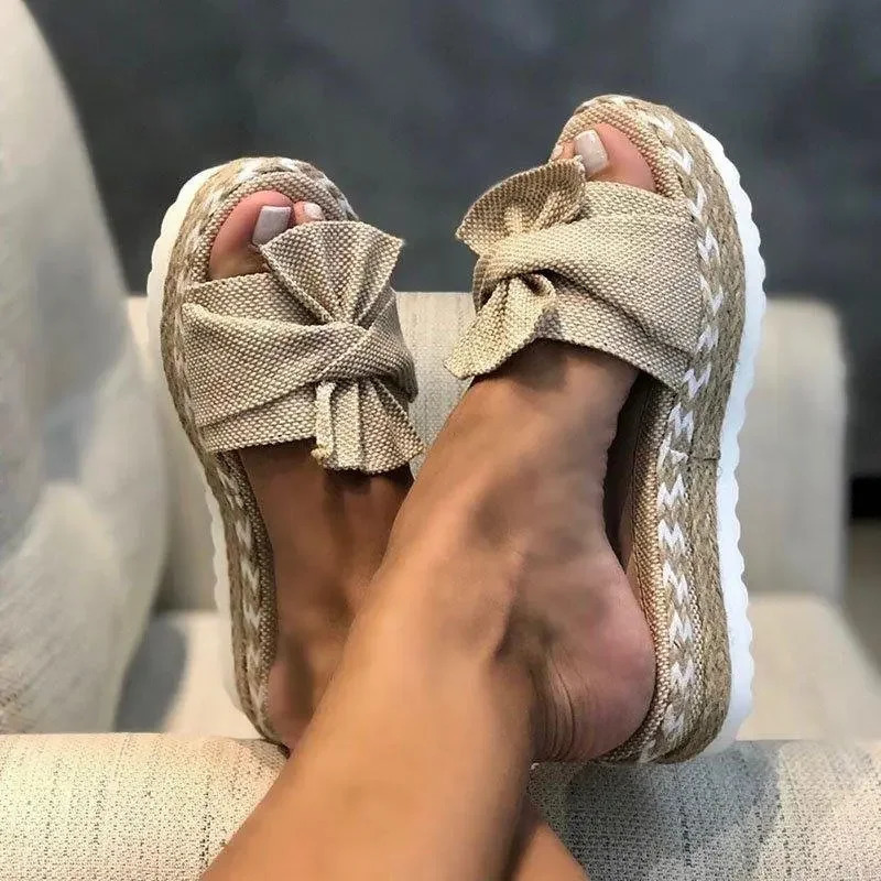 Women Slippers Summer Platform Wedges Mid Heels Bow Tie Peep Toe Fashion Slides Beach Outdoor Ladies Shoes Zapatos De Mujer 250614