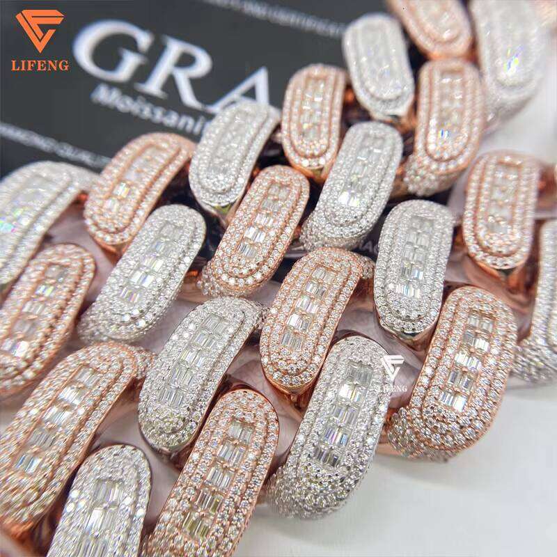 26Mm Pure Sier Rose Gold Vvs Cuban Chain Mens Iced Hip-Hop Sandstone Thin Necklace