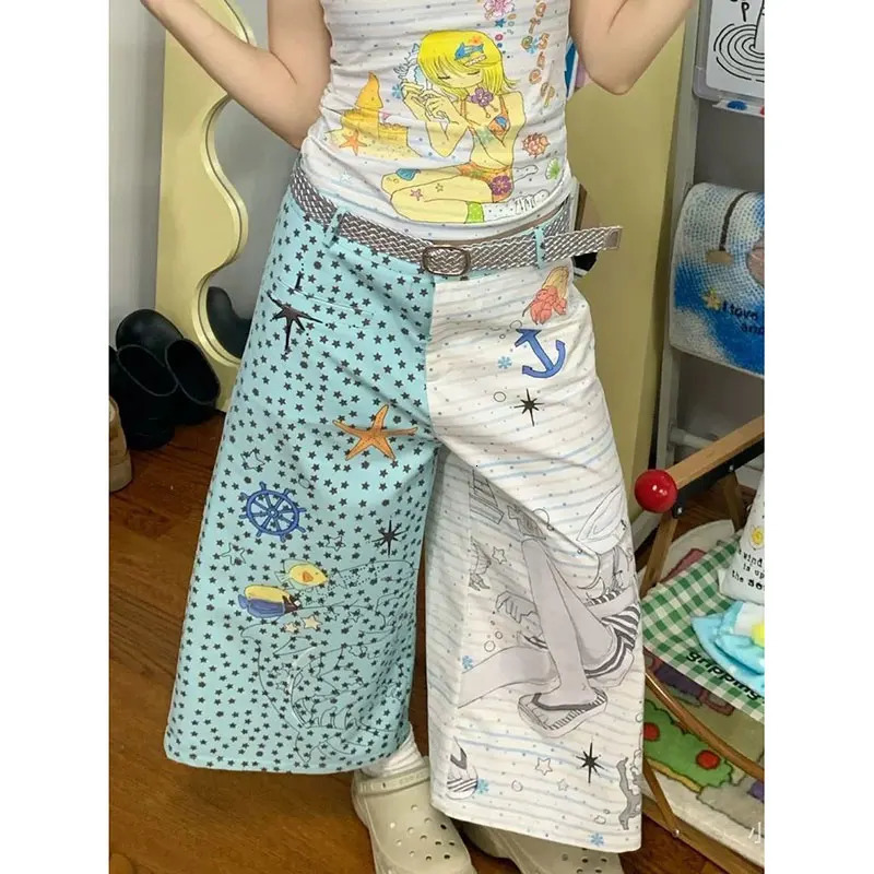 Womens Blue Baggy Parachute Harajuku Calf Length Wide Pants Oversize Sweatpants Y2k 2000s Vintage Trousers Clothes 613 H260209