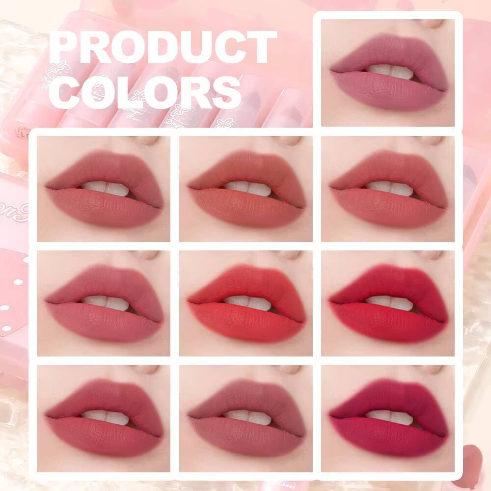 Dragon Ranee Matte Velvet Pink Strawberry Translucent 10 Pieces Waterproof Sweatproof Non-Stick Lipstick Set happy
