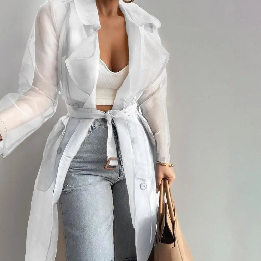Spring Summer Women Coat Solid Color Turndown Collar Long Sleeve Net Yarn Shirt See Through Laceup Female Shirt 250611