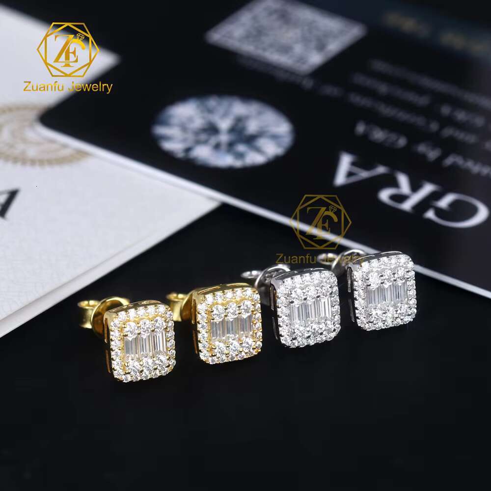 Women Luxury Gold Plated 925 Sterling Silver Iced Out Baguette VVS Moissanite Halo Stud Earrings for Men Hip Hop Diamond Studs