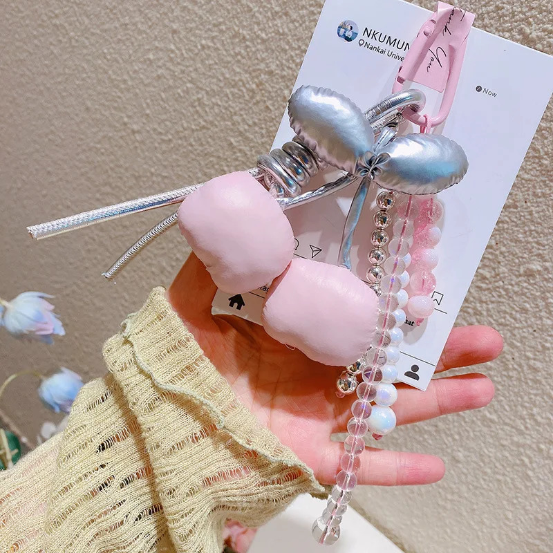 Fashion Silver Pink Cherry Stuffed Fruit Keychain Kawaii PU Leather Solid Color Beaded Braided Rope Charm Bag Car Pendant Keyfob 250610