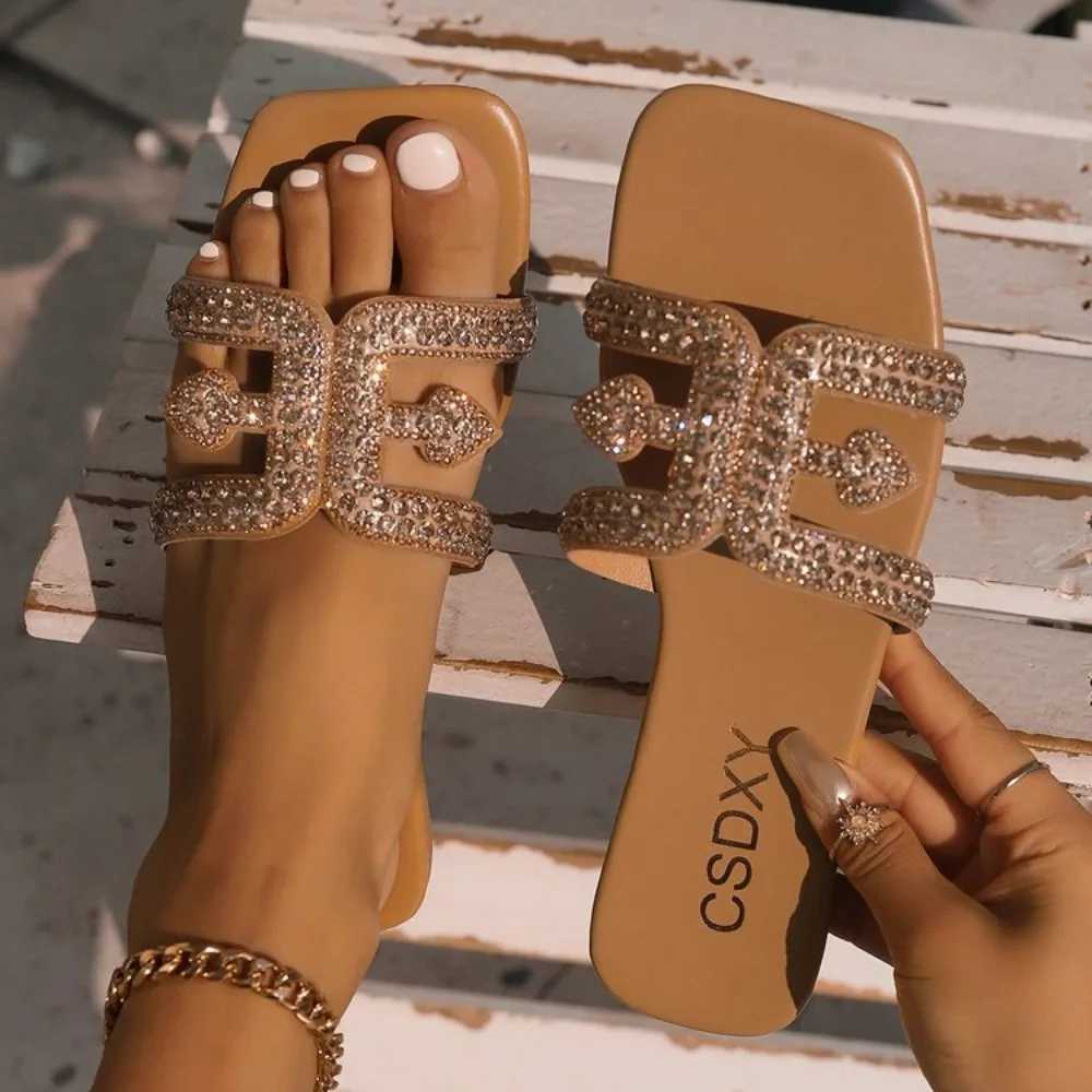 Women Bling Rhinestone Decor Slide Sandals Black Beige Summer Fashion Casual Outdoor Office Party Elegant Sexy Flats New Z250614