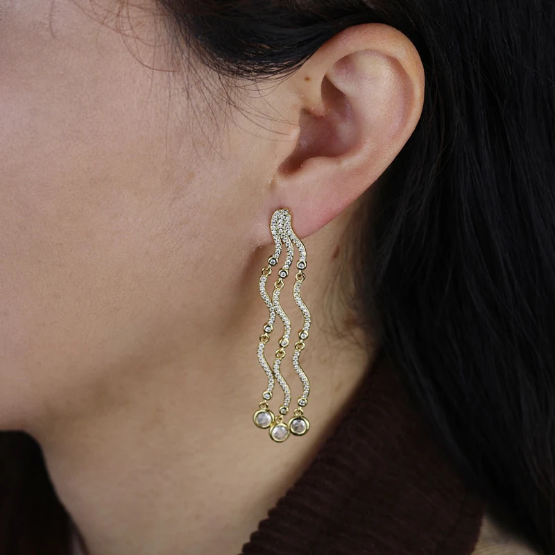 Shiny Wave Shape Long Dangle Earrings for Women Bezel Set White Cubic Zirconia 18K Gold Platinum Color Fashion Jewelry Party 250610