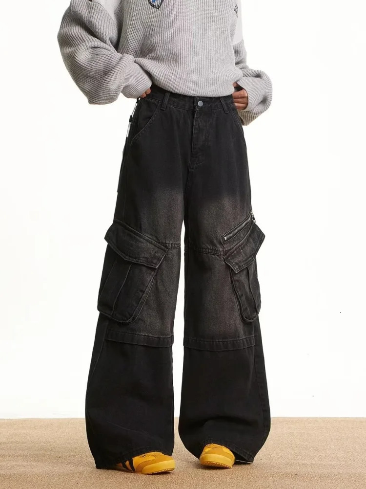 Cyber Y2K Streetwear Washed Black Baggy Cargo Jeans Pants For Women Clothing Multi Pockets Lady Cotton Trousers Womens Clothing 250612