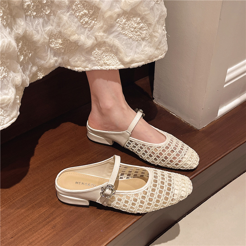 Ddmyoutdoor Super French Hollow Woven One Strap Chunky Single For Women Spring Summer Faux Square Toe Soft Leather Low Heel Mary Jane Shoes Outdoor Sh