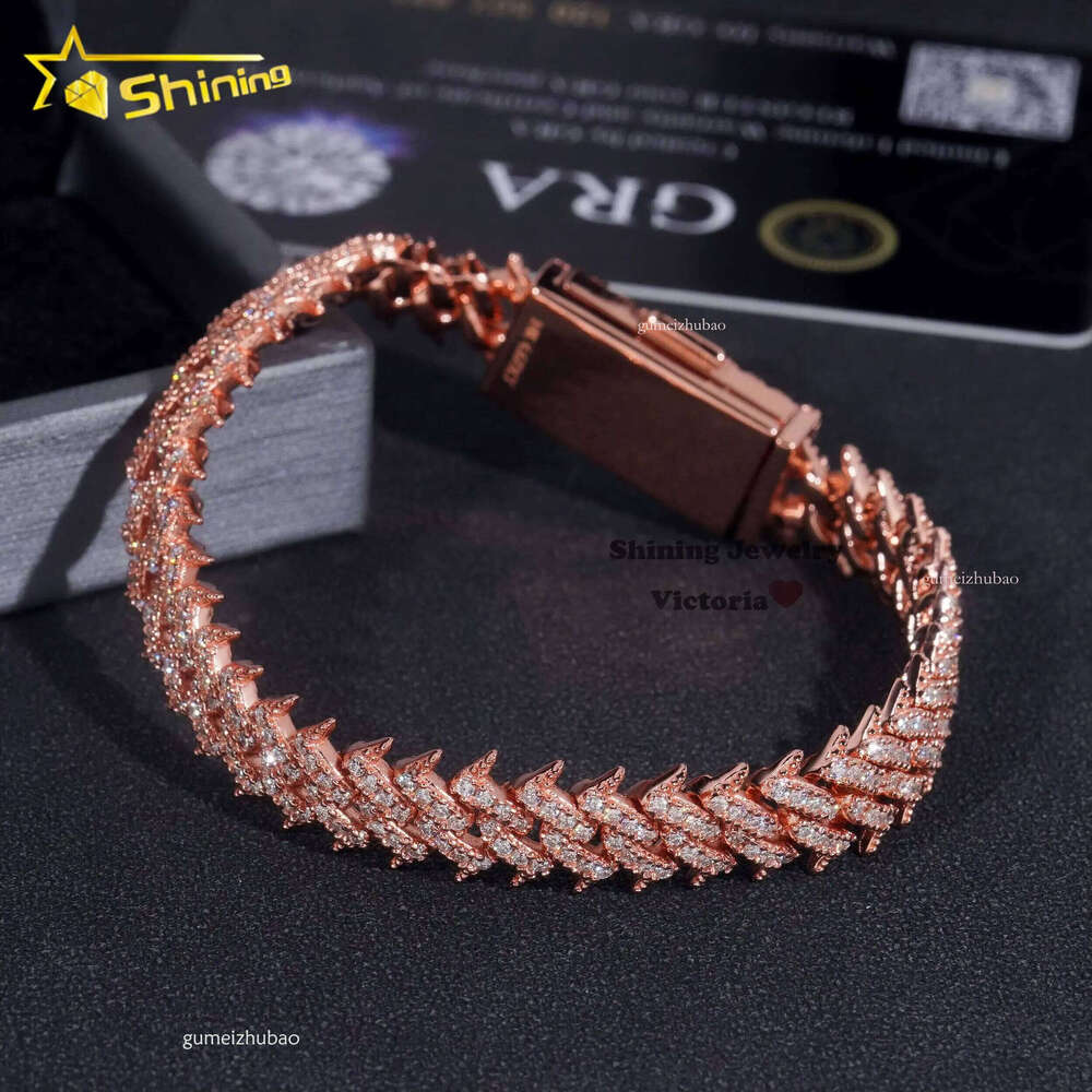 Hot Sale Soild Sier Rose Gold Plated Hip Hop Necklace 10MM VVS Moissanite Dia Spike Cuban Link Chain