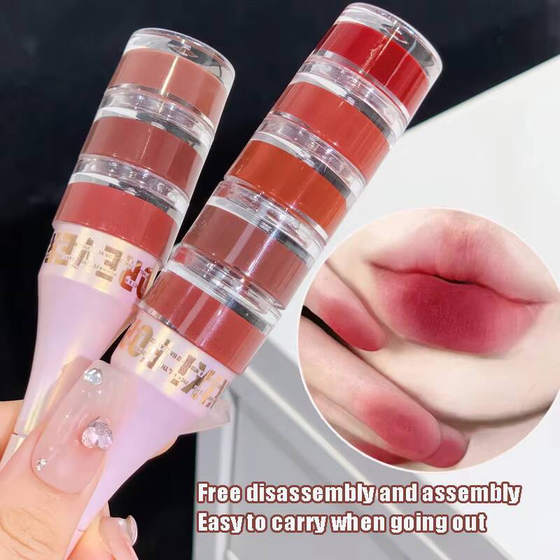 Layered 3 in 1 Mud Velvet Matte Lipstick Long Lasting Rose Red Canned Tint Combo Lip Gloss Kit Makeup Tri-colour LipClay happy