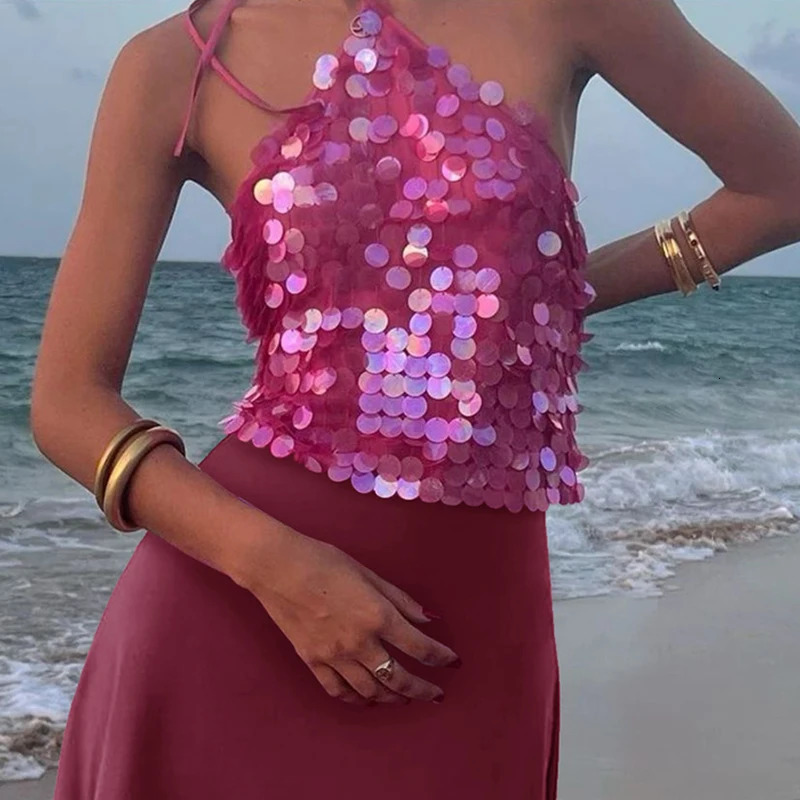 Sexy Ladies Halter Slim Fit Sequin Top Club Party Hollow Out Backless Womens Blouses Casual Solid Lace Up High Street Tshirt 250611