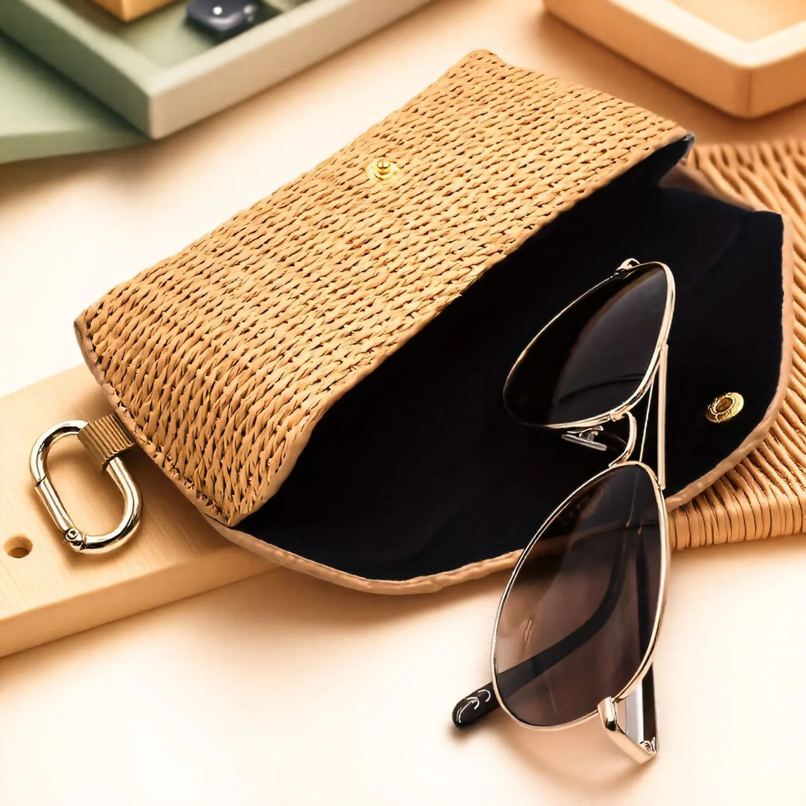 Chic Woven Straw Eyeglass Case with Hook Durable Soft Protective Fashion Glasses Pouch for Womens Fashion Accessory 250610