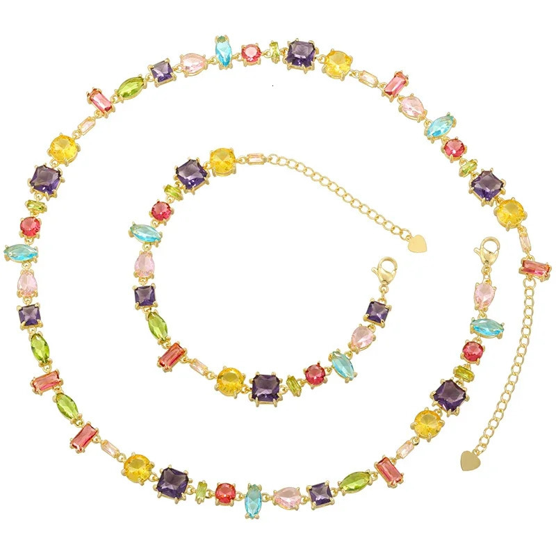 ZHUKOU 18K Golden Plated Colourful Crystals Elegant Collarbone Necklace Ladies Beaded Bracelet Ladies Jewellery VL585 VL586 250609