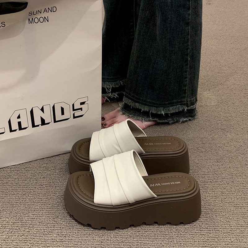 Ddmyoutdoor Wrinkled Leather Thick Soled One Strap For Women Summer New Versatile Casual Outdoor Platform Height Increasing Sandals Outdoor Shoes